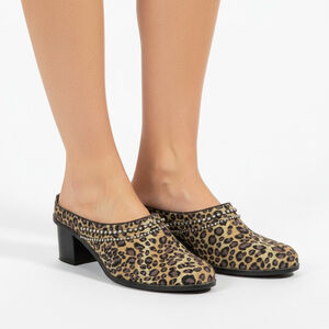 Ashro Women’s Leopard Printed Rhinestone Denim Heel Mules Slip On Clogs Size 8.5
